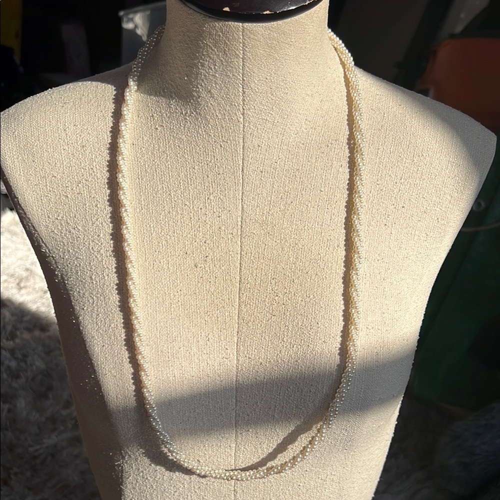 Vintage Long 30in White Faux Pearl 3 Strand Twisted Necklace Gold Hinged Clasp